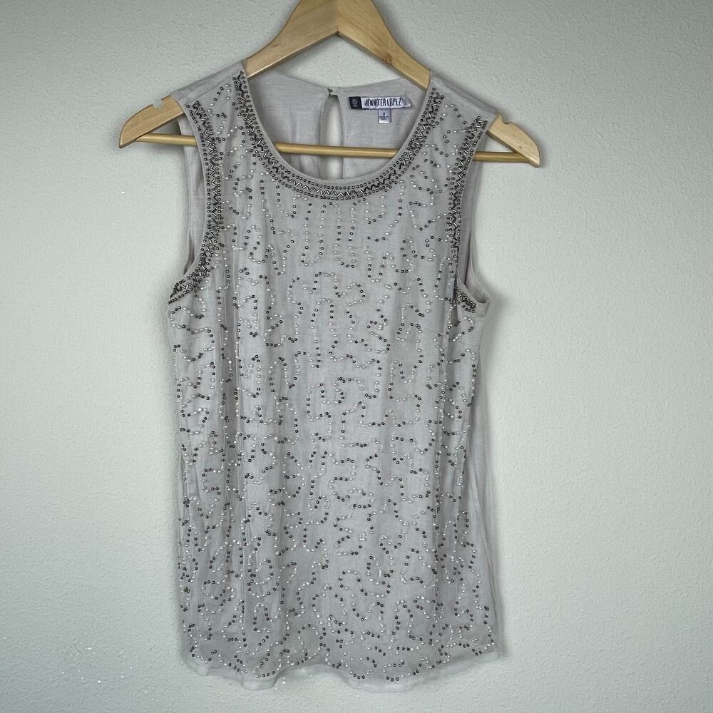 Jennifer Lopez Beige Sleeveless Top Size S – Beaded Chiffon Fairycore‎ Keyhole
